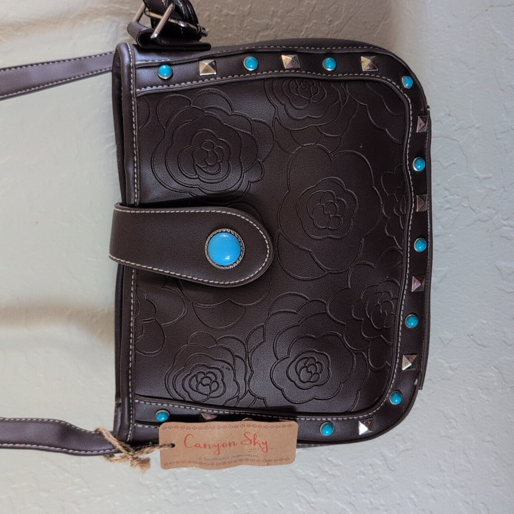 Canyon Sky Brown  Rose Embossed Vegan Crossbody Bag with Turquoise Stud Accents